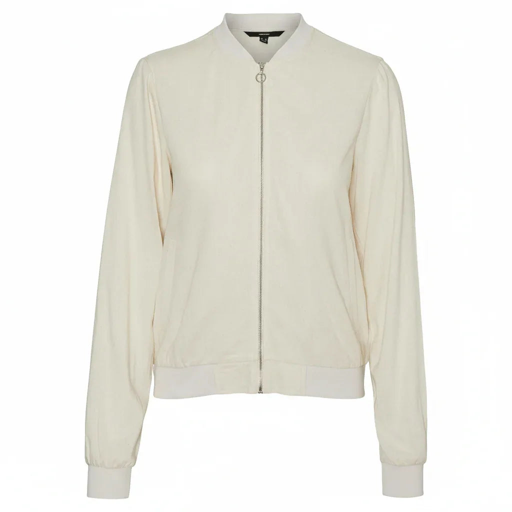 Chic High-Neck Bomber Jacket with Elastic Cuffs - Viscose Linen Blend - Gomix Brands Outlet
